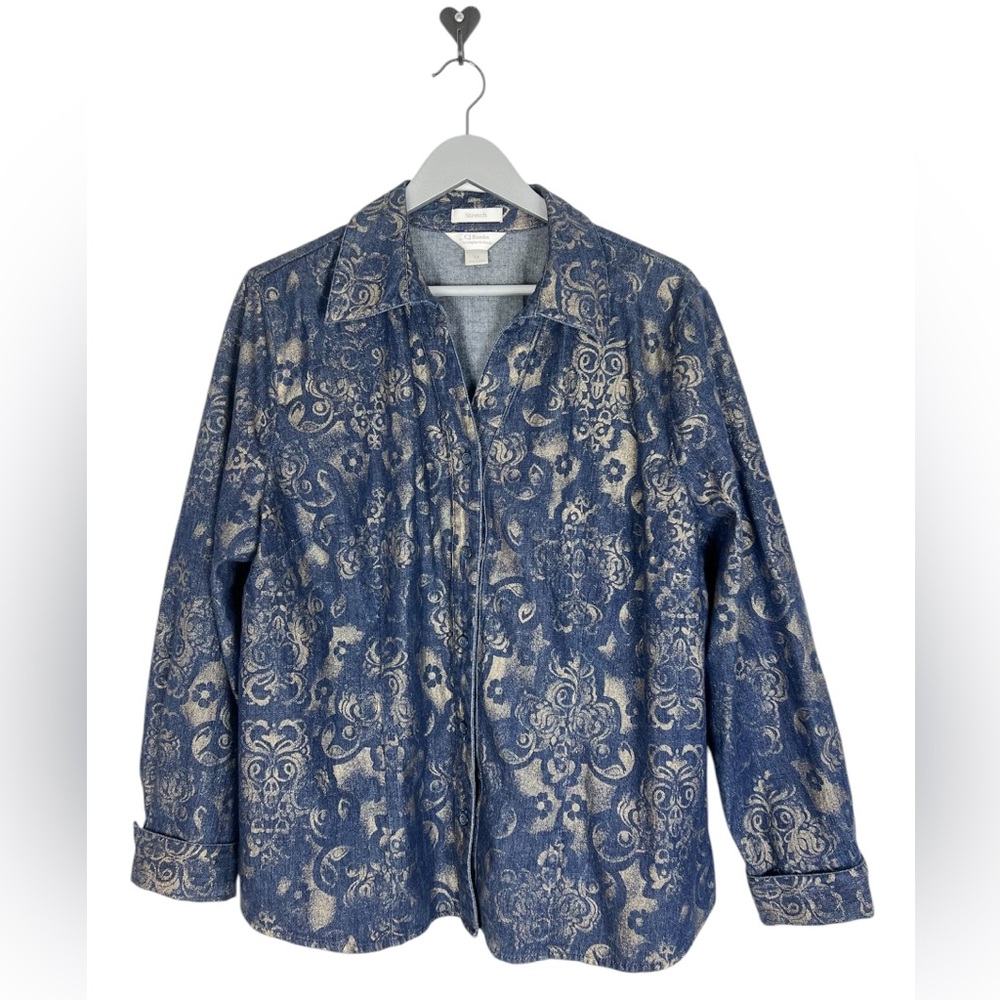 Denim coat with gold stencil pattern size 1X CJ Banks shacket jean jacket